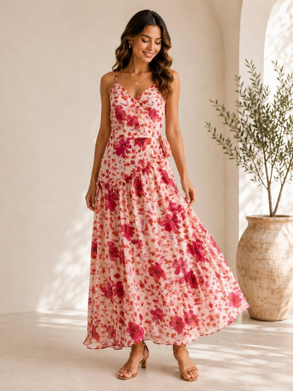 Lulus Womens Size S Pink Floral Wrap Midi Dress Ruffle Sleeveless NWT